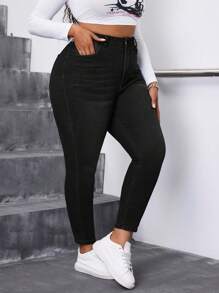 SHEIN SXY 大码休闲百搭纯色紧身牛仔裤 - 黑色 - 查看 3