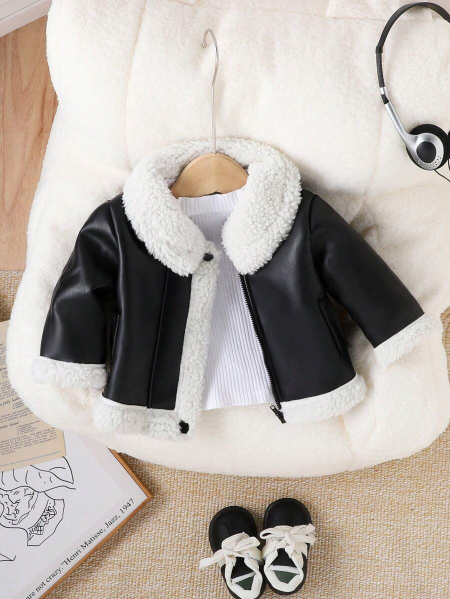 Infant (Girls) Chic Street Cute Furry Lining Jacket, Autumn - Black - View 1