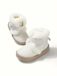 1 Pair Toddler Girls' Beige Hook And Loop Flat Fashionable Minimalist Comfortable Fluffy Lined Snow Boots, Winter - Beige - View 3