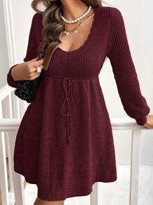 SHEIN Frenchy 女式纯色 V 领长袖腰带休闲毛衣连衣裙，秋冬 - 酒紅色 - 查看 3