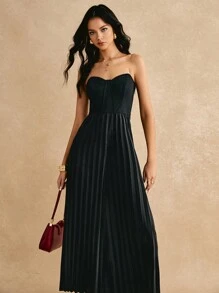 Poéselle Women's Solid Color Pleated Tube Top Elegant Sleeveless Jumpsuit