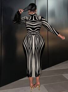 Slaydiva Plus Size Minimalist Artistic Lines Print Long Sleeve Round Neck Fitted Dress, Elegant Women Clothing For Autumn/Winter - Multicolor - View 2