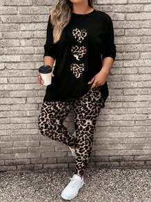 SHEIN LUNE 大码女式心形豹纹长袖 T 恤和豹纹瑜伽裤两件套，适合秋冬季 - 黑色 - 查看 1