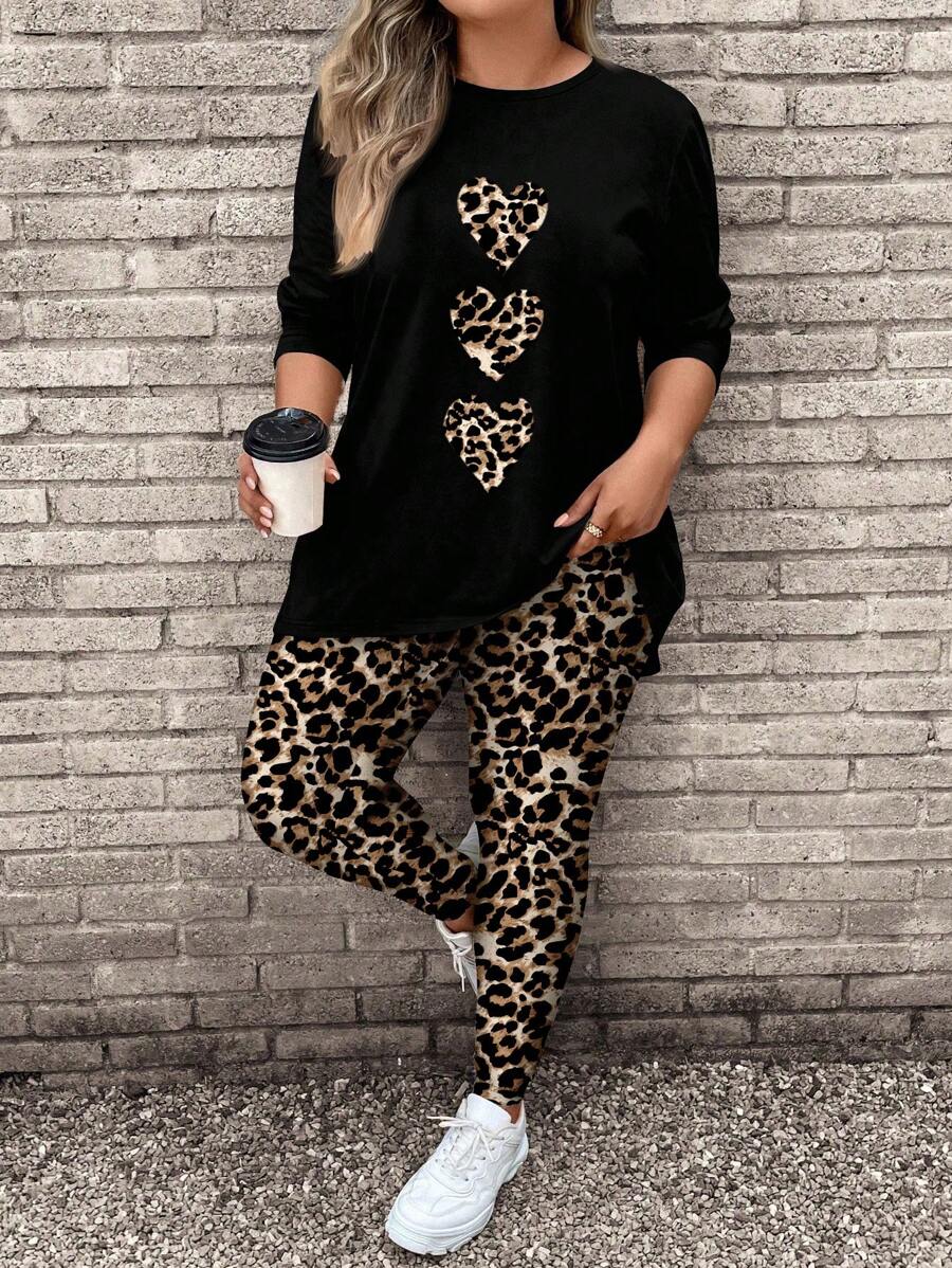 SHEIN LUNE 大码女式心形豹纹长袖 T 恤和豹纹瑜伽裤两件套，适合秋冬季 - 黑色 - 查看 1