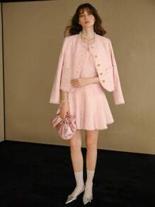 MOTF STUDIO TWEED RAW EDGE FLARE HEM SHORT DRESS, NEW YEAR OUTFIT - Pink - View 6