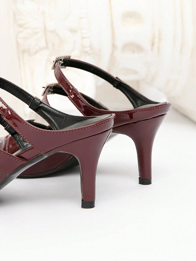 CUCCOO CHICEST Women's Pointed Toe Mid Heel Pumps With Crystal Embellished Triple Straps, Sexy And Elegant Burgundy Patent Leather/PU Mules Shoes For Party, Formal Occasions For Christmas And New Year Holiday Vibe Fall And Winter
