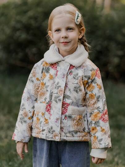 SHEIN 年轻女孩花卉印花低饱和度彩色翻领毛绒内衬休闲棉服外套，优雅的乡村风格，冬季温暖舒适