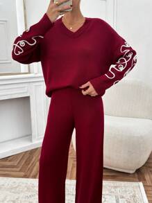 EURMUSE Women Pink Embroidery Detailed Sweater Set - Burgundy - View 8