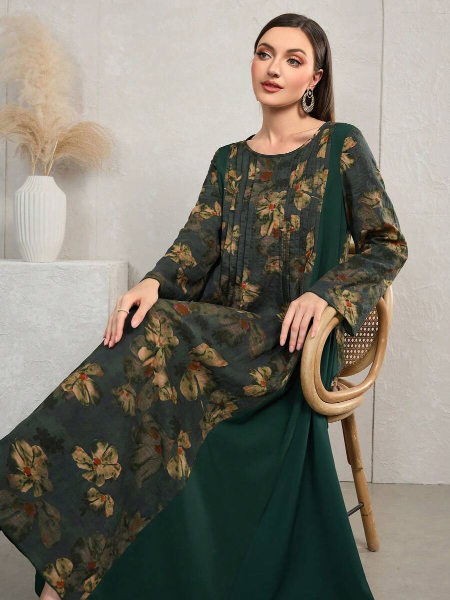 Al Najma Women's Daily Casual Traditional Contrast Color Striped Print Elegant Loose Dress Kaftan Jalabiya Dress - Dark Green - View 1