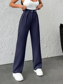 SHEIN Stijlvolle effenkleurige, hoge taille, rechte, geplooide damesbroek met meerdere knoopdetails