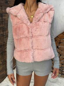 SHEIN EZwear Women's Pink Hooded Sleeveless Fluffy Jacket - Pink - View 3
