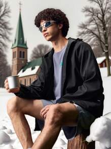 Manfinity Sport Corelite 男士秋季休闲户外撞色拉链连帽夹克 - 綠色 - 查看 6