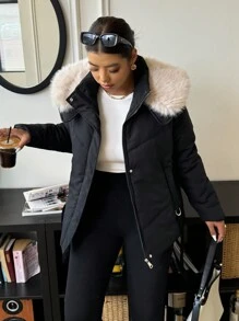 Calvaya 加大码短款设计可拆卸蓬松领加厚棉服外套，长袖，适合冬季衣服 - 黑色 - 查看 3