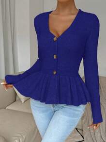 Chiquease 女士休闲纯色 V 领荷叶边下摆开衫