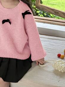 DAZY Young Girl Plain Round Neck Bow Decor Simple Stylish Knit Sweater, Suitable For Spring And Autumn - Pink - View 4