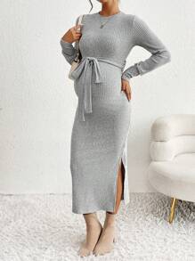 SHEIN Maternity Casual Solid Color Side Slit Bodycon Dress, Autumn/Winter