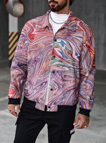 Manfinity LEGND Men's Fashionable Colorful Marble Print Jacket, Autumn Going Out Lightweight Colorful Graphic Long Sleeve Casual Jacket, For Friends, Husband, Boyfriend Gifts