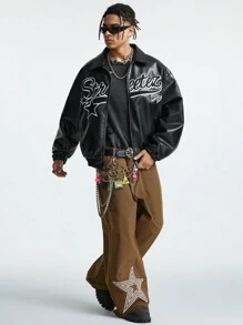 AXEPEAK Men's Autumn Letter Pattern Long Sleeve Zip-Up Collar Casual PU Leather Jacket, Bomber Vintage Party Letter Jacket, For Friends, Husband, Boyfriend Gifts, Streetwear Edition, For Fall Winter, Couple Things - Black - View 3