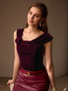 MOTF PREMIUM VELVET ASYMMETRICAL NECK STEREO FLOWER SLIM FIT BLOUSE