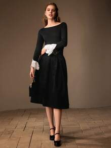 MOTF PREMIUM 船领撞色花边喇叭袖 T 恤 - 黑色 - 查看 8