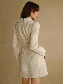 MOTF STUDIO TWEED CONTRAST GUIPURE LACE PANEL BUCKLE BELTED SHORT DRESS