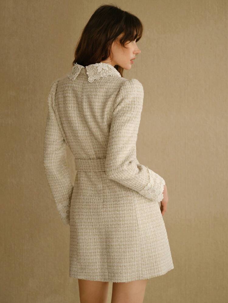 MOTF STUDIO TWEED CONTRAST GUIPURE LACE PANEL BUCKLE BELTED SHORT DRESS