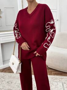 EURMUSE Women Pink Embroidery Detailed Sweater Set - Burgundy - View 5