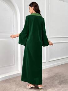Al Najma Đầm Ả Rập thanh lịch dài tay rộng rãi trang trí nút màu xanh lá cây cho nữ - màu xanh lá - Xem 2