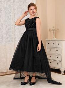 Tween Girl Wedding Formal Dress With Train, Girls Princess Tulle Gown For Runway Show, Piano Performance, Prom, Black