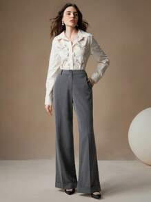 Anewsta Women's Business Casual Plain Color Slant Pocket Wide Leg Suit Pants