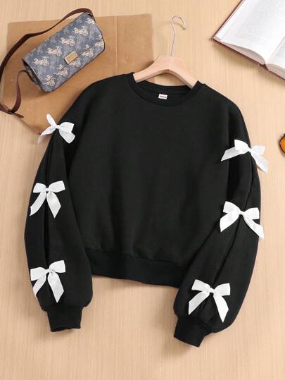 SHEIN Leap Crew Tween Girl Retro School Style Round Neck Contrast Color Bow Decor Long Sleeve Sweatshirt