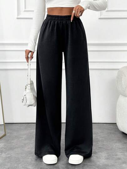 EURMUSE Pantalon large taille basse de couleur unie pour femmes