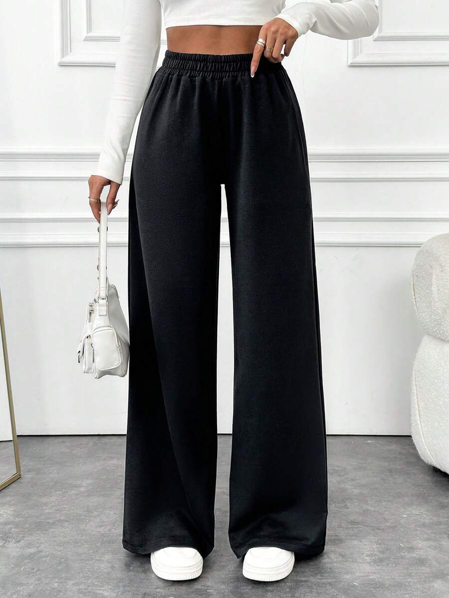 EURMUSE 女士纯色低腰阔腿裤 - 黑色 - 查看 1