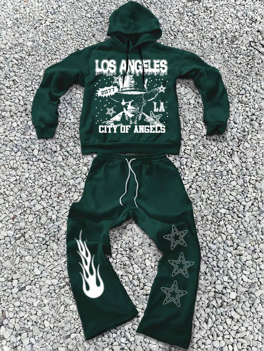 PAVTROS Manfinity LEGND 1 bộ Áo hoodie họa tiết ngôi sao Skeleton Flame và quần nỉ - Màu xanh lá cây đậm - Xem 1