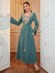 Al Najma 秋冬女士贴花编织阿拉伯连衣裙，优雅端庄的长袖长款 Jalabiya 阿拉伯连衣裙，适合晚会/婚礼嘉宾/周年纪念，长袍 - 綠色 - 查看 5