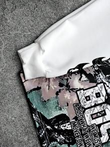 Manfinity EMRG Men's Autumn Letter & Branch Print Crew Neck Long Sleeve Sweatshirt And Sweatpants Casual Loose Suit - Olive Green - View 4