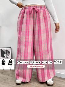 SHEIN CURVE+ Quần ống đứng cạp chun kẻ caro cho nữ, mùa thu/đông, cỡ lớn - Nhiều màu - Xem 3