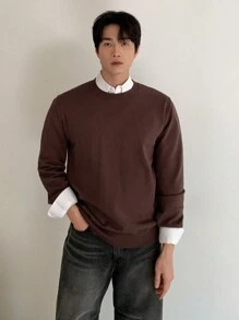 DAZY 1pc Men's Solid Color Round Neck Long Sleeve Casual Sweater, Autumn/Winter - Coffee Brown - View 5