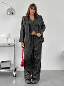 SHEIN EZwear Plus Size Striped Blazer & Pants Set, Early Fall - Black - View 6