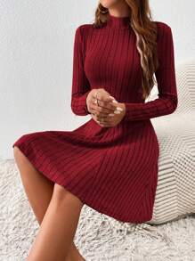 SHEIN Frenchy Mock Neck Ribbed Knit A Line Grey Dress Winter Christmas New Year Red Burgundy - Burgundy - View 5