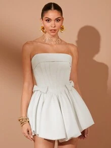 Lumalex 结婚周年纪念春节聚会季节情人节蝴蝶结装饰喇叭下摆迷你女士皮革连衣裙 - 白色 - 查看 7