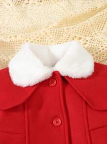 SHEIN 新年和圣诞节女婴婴儿保暖长袖蓬松领中长外套，优雅日常外套，酒红色和红色