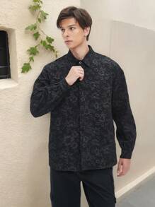 Manfinity Dauomo Áo sơ mi nam dài tay rộng rãi cài nút họa tiết hoa jacquard, mùa thu - màu đen - Xem 6