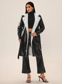 SHEIN SXY F秋冬女式长款外套休闲保暖 PU 毛绒内衬长袖口袋夹克（配腰带）；所有女装；黑色皮夹克；女式长款外套 - 黑色 - 查看 3