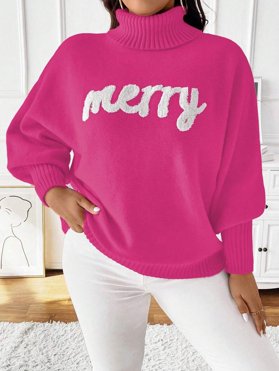SHEIN Unity Plus Size Women's Casual Everyday Letter Pattern High Collar Lantern Sleeve Pullover Sweater, Autumn/Winter Knit Pullover Fall - Hot Pink - View 1