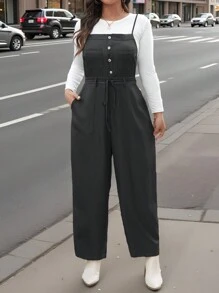 SHEIN LUNE Plus Size Women Button Design Loose Jumpsuit, Casual And Versatile, Autumn Winter Clothes For Office WearNew Vears Women Outfit Holiday Outfit