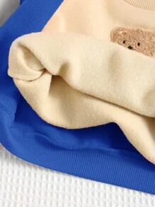 SHEIN 3pcs Baby Boys Autumn/Winter Outfit: Cute Bear Graphic Fuzzy Zip-Up Hooded Jacket, Loose Casual Sweatpants, Solid Color All-Match Crew Neck Pullover Sweatshirt. Suitable For Indoor & Outdoor