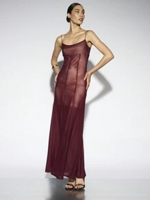 AiiRZ Vestido maxi de tirantes de espagueti de malla - Burdeos - Ver 6