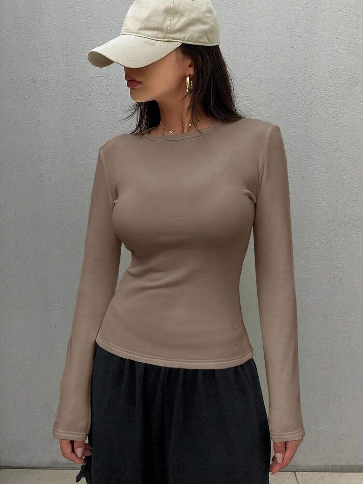 Women Casual Solid Color Fleece T-Shirt, Autumn/Winter Preppy Tops Long Sleeve Women Tops,Thermal Lined