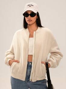 SHEIN SXY Ropa de mujer para otoño; Chaqueta de mujer retro de unicolor albaricoque con forro mullido de manga larga, abrigo casual regular simple para uso diario, abrigo de invierno grueso y cálido con pelaje, ropa de mujer para el Día de Acción de Gracias, chaqueta de invierno para mujeres, ropa de otoño para mujeres, adecuada para viajes diarios, citas y ocasiones de regreso a la escuela; Caqui, con cremallera, peludo, forro, bolsillos deslizantes - Blanco - Ver 3